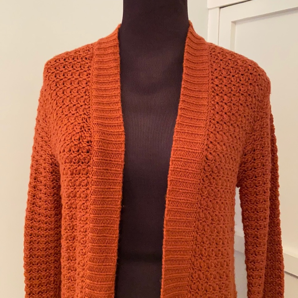 Sienna Sky Burnt Orange Long Open Knit Cardigan with Pockets